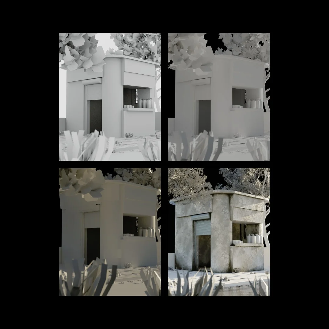 Amul Ni Dukan - Build stages - blockout, shading, lighting, final texture pass