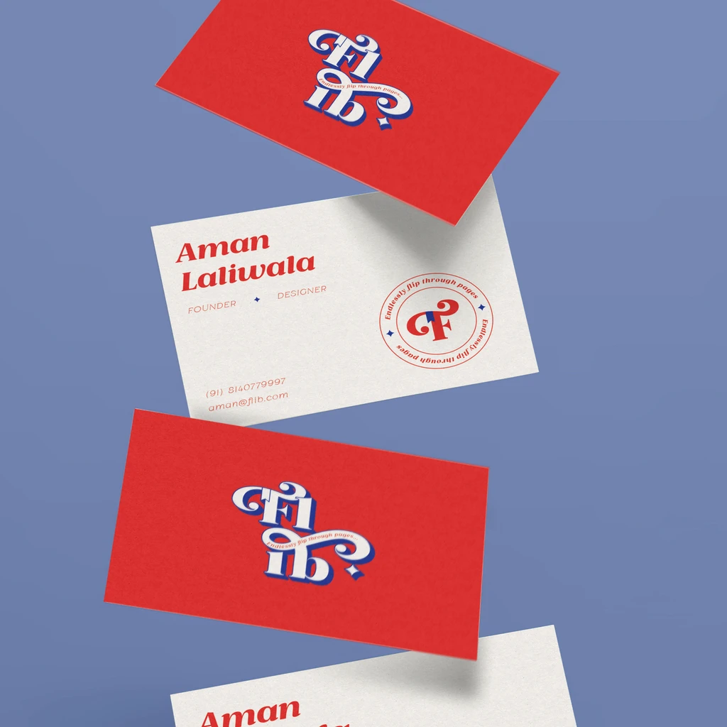 FLib App - Business cards - vermilion and cobalt on uncoated stock