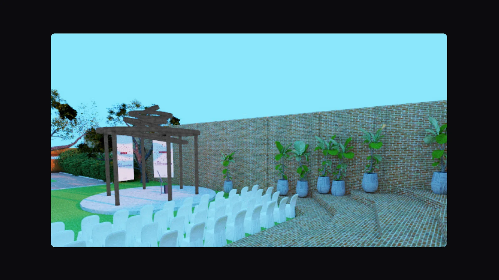 Samarsa - Convocation stage - pergola, seating and banner placement in situ