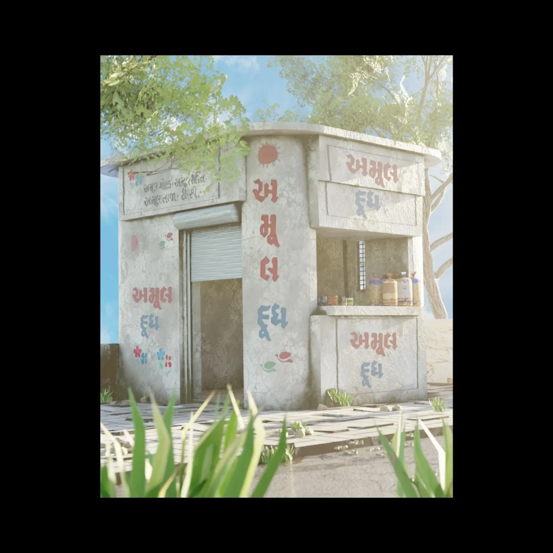 Amul Ni Dukan - Three-quarter view - shutter, counter and the morning milk line