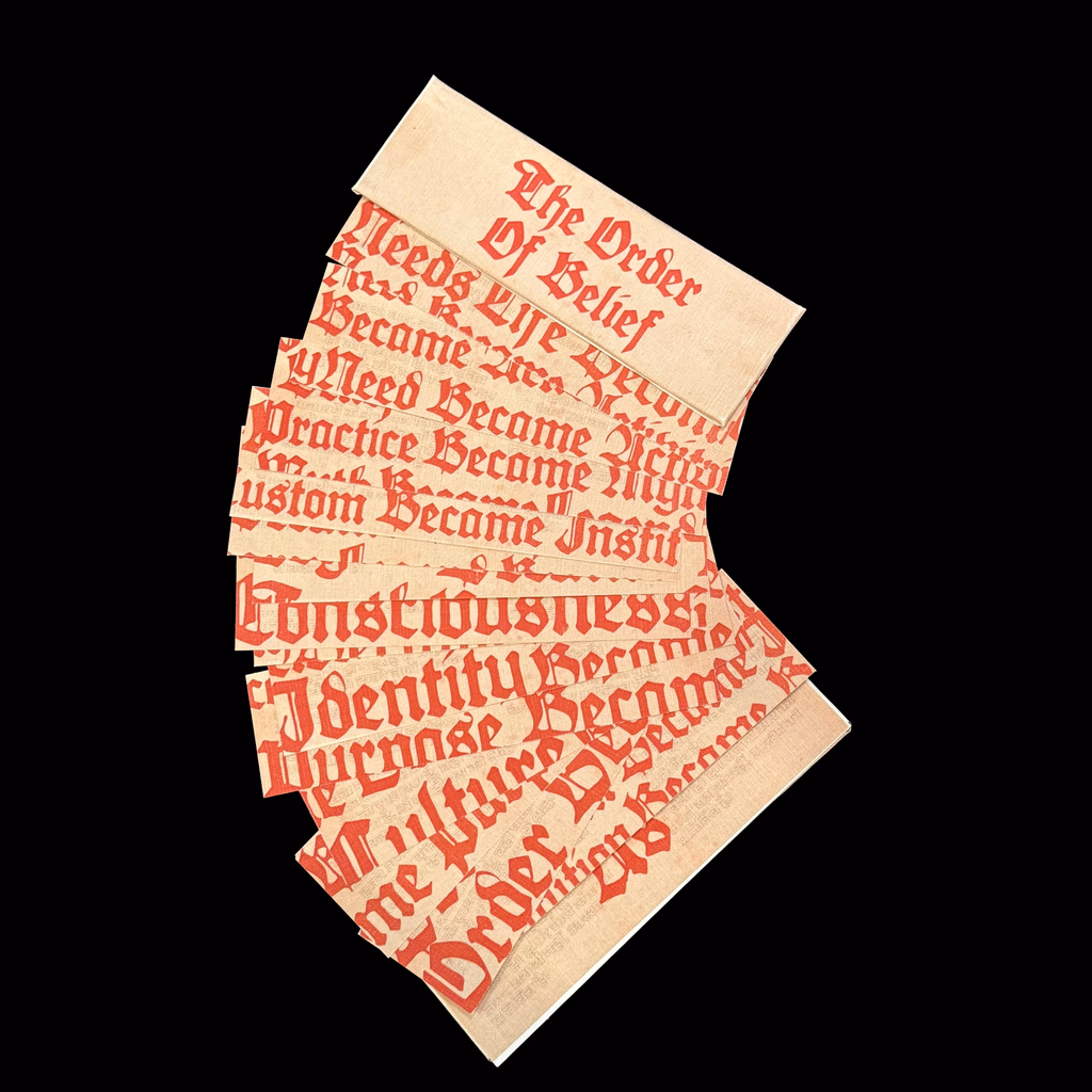 The Order of Belief - Manifesto strips - blackletter set in vermilion on uncoated board
