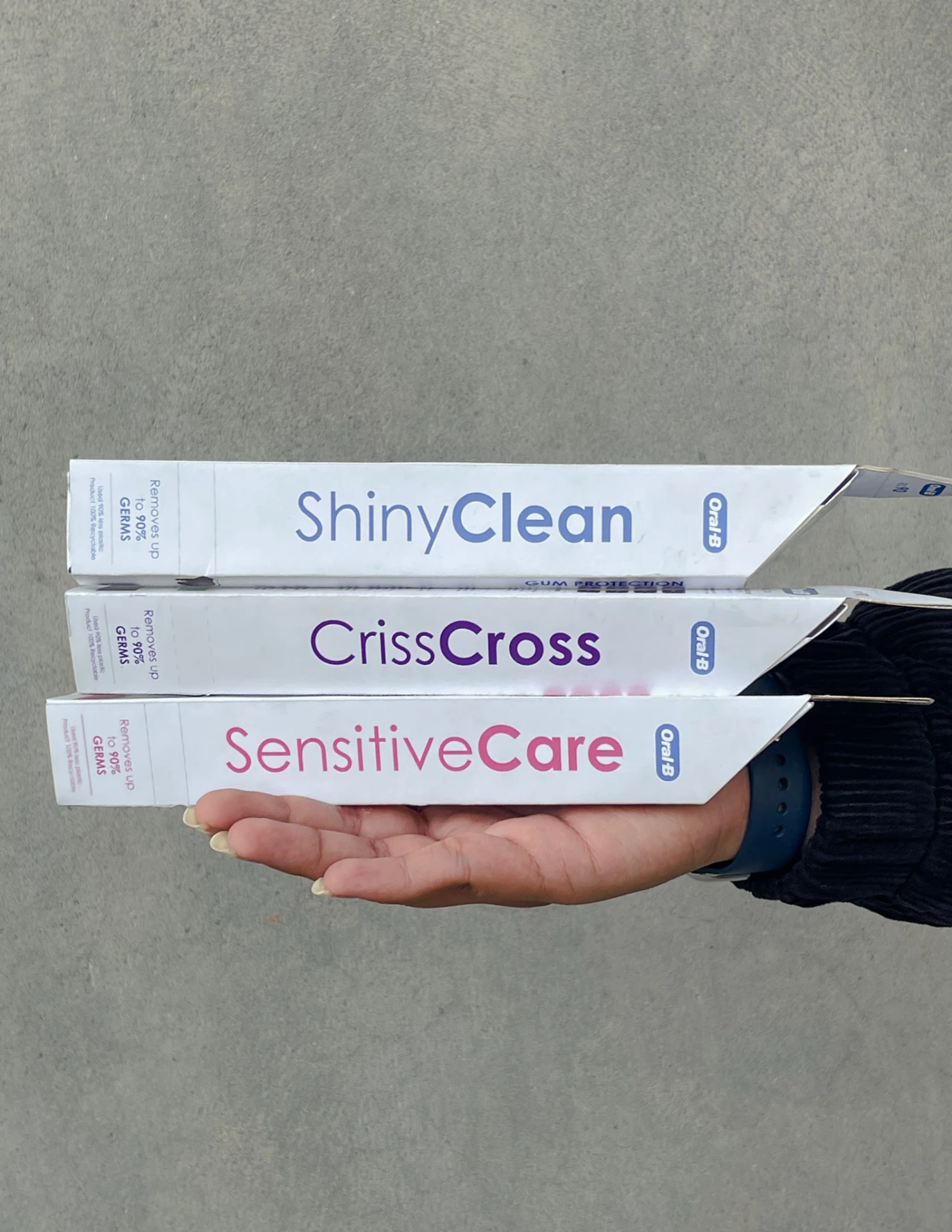 OralB - ShinyClean, CrissCross, SensitiveCare - the naming system read off the spine