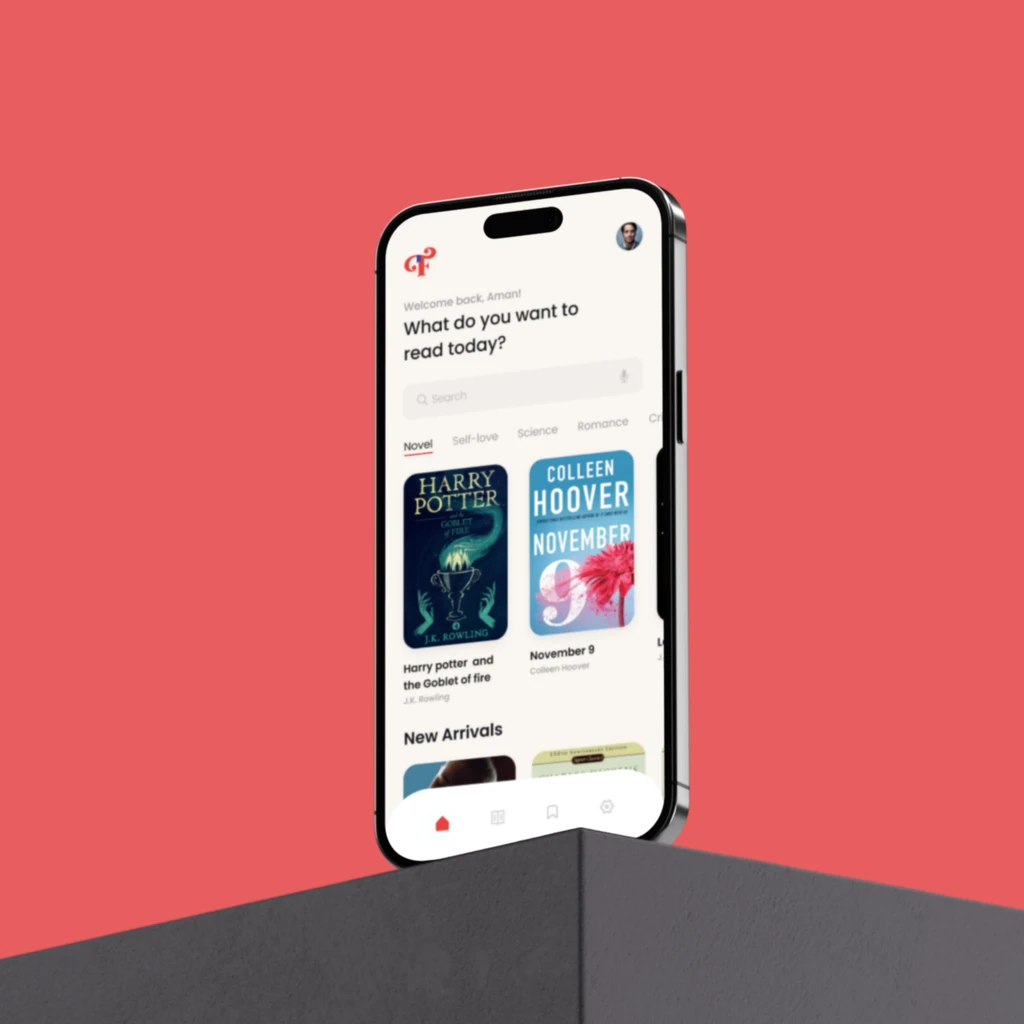 FLib App - Home screen in situ - brand red as the product ground
